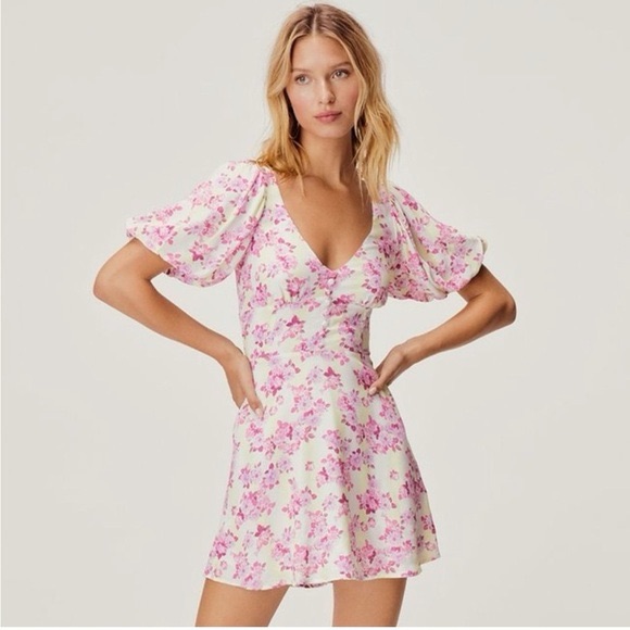 For Love & Lemons Atlanta Puff Sleeve Button V-Neck Mini Dress Purple Floral S